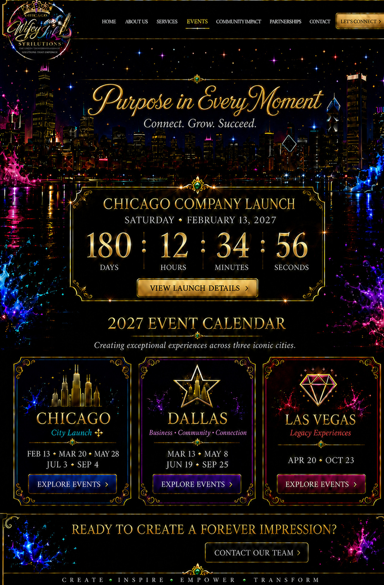 2027 events and company launch with gold Vladimir Script heading
