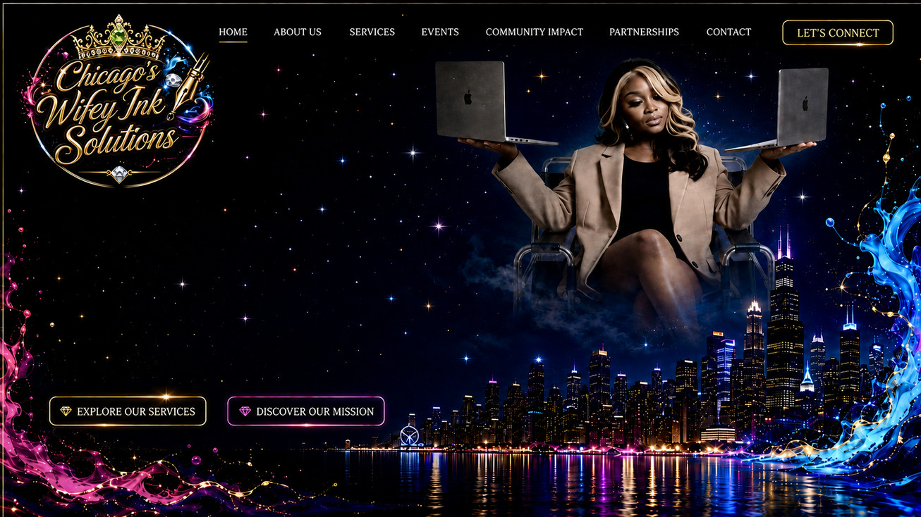 Chicago's Wifey Ink Solutions home page with gold Vladimir Script lettering